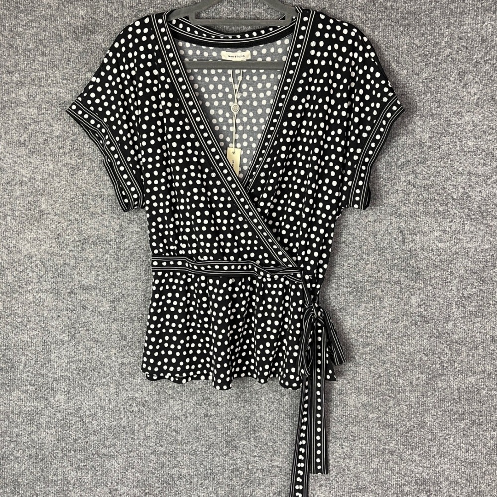 NEW Max Studio Wrap Top XL Black Polka Dot Short Sleeve V-Neck Blouse